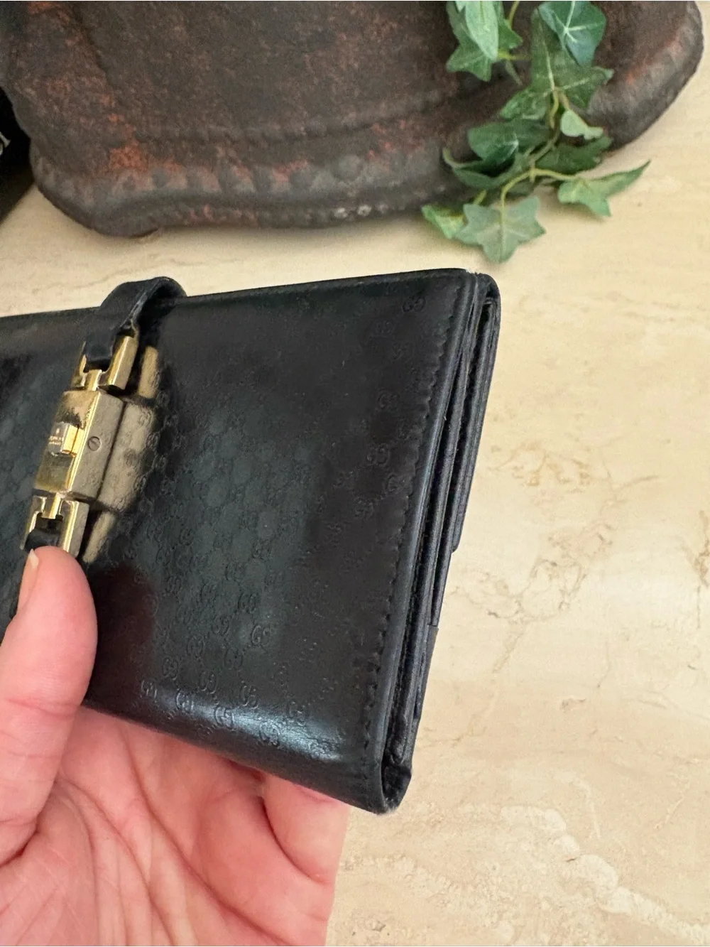 Gucci Jackie 1961 Monogram Black Leather Wallet with Gold Hardware